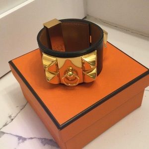 Hermes black Collier De Chien gold plated cuff bracelet CDC